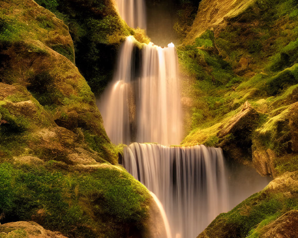 Tranquil waterfall cascading down moss-covered cliffs