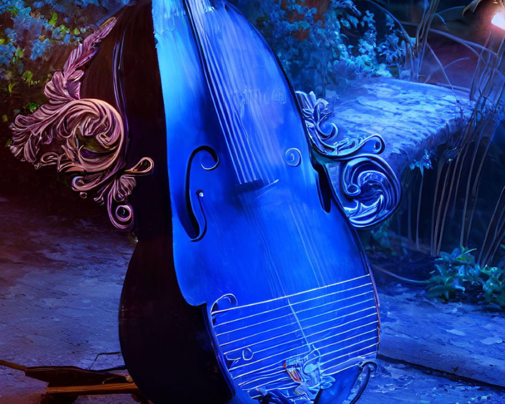Ornate double bass with blue light in nocturnal outdoor scene