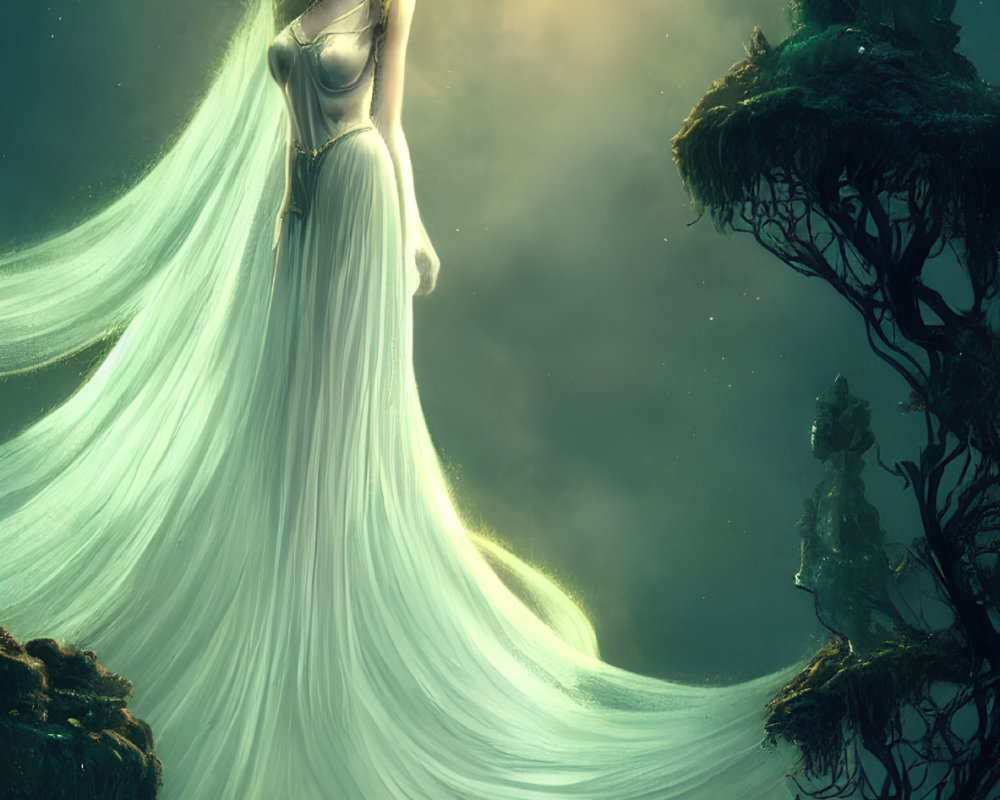Mystical lady in white gown with glowing orb in ethereal landscape