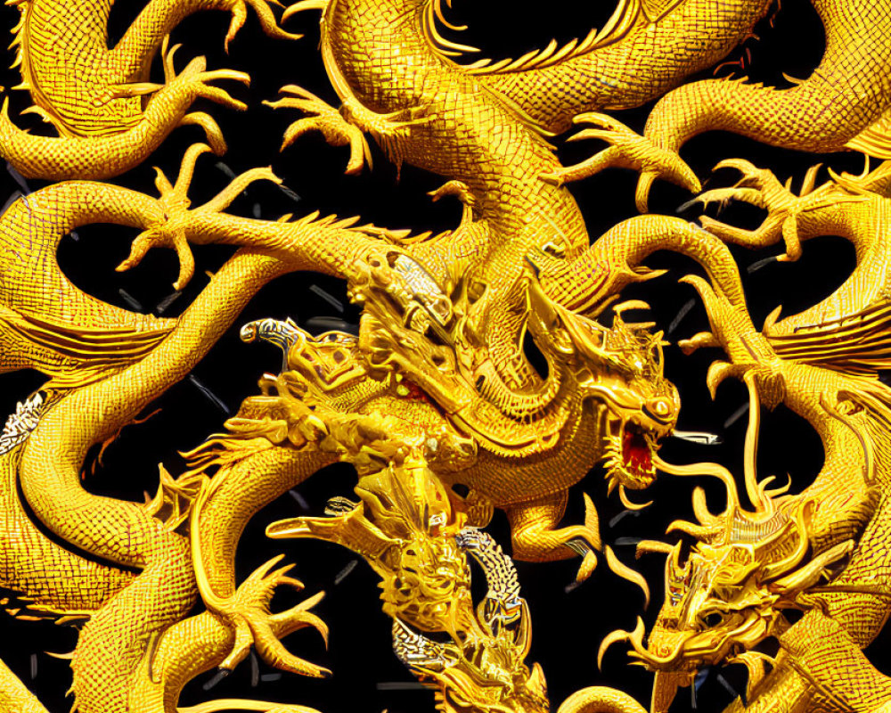 Detailed Golden Dragons Intertwined on Black Background