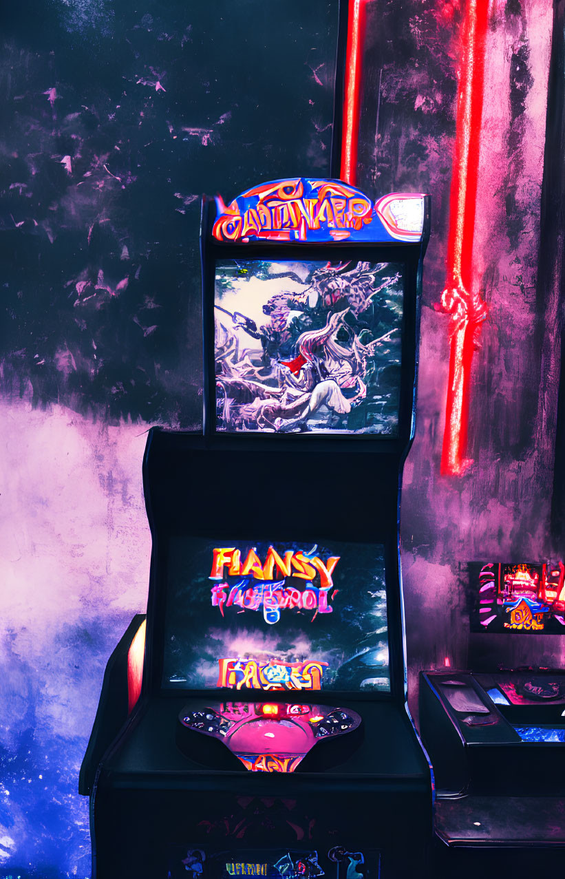 Vibrant blue and pink illuminated arcade machine in dim room