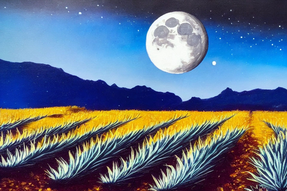 Vibrant painting of agave plants under starry night sky