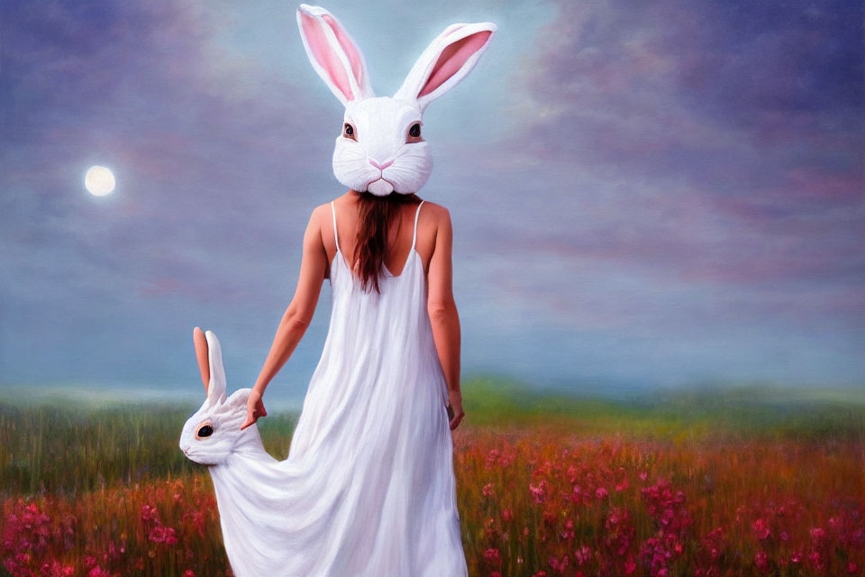 Person in white dress with rabbit mask holding rabbit in flower field at sunset.