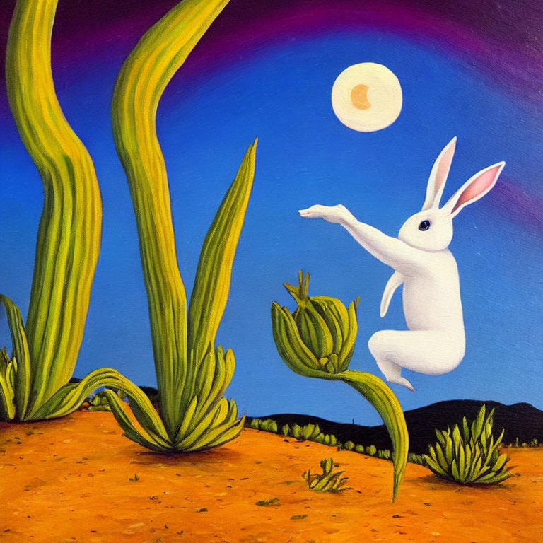 White rabbit reaching for moon in desert twilight scene with tall cacti