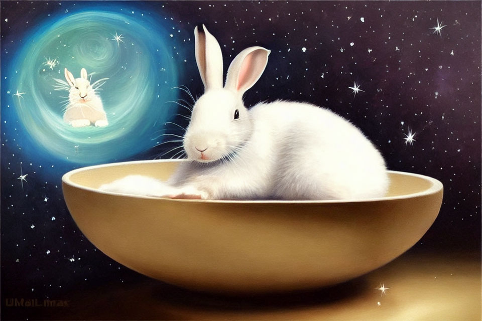 White rabbit in golden bowl with cosmic backdrop and smaller rabbit silhouette.