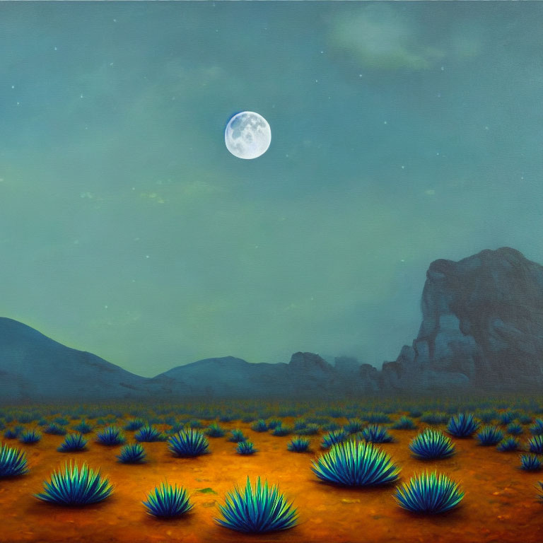 Nighttime Desert Landscape with Blue Agave Plants and Full Moon