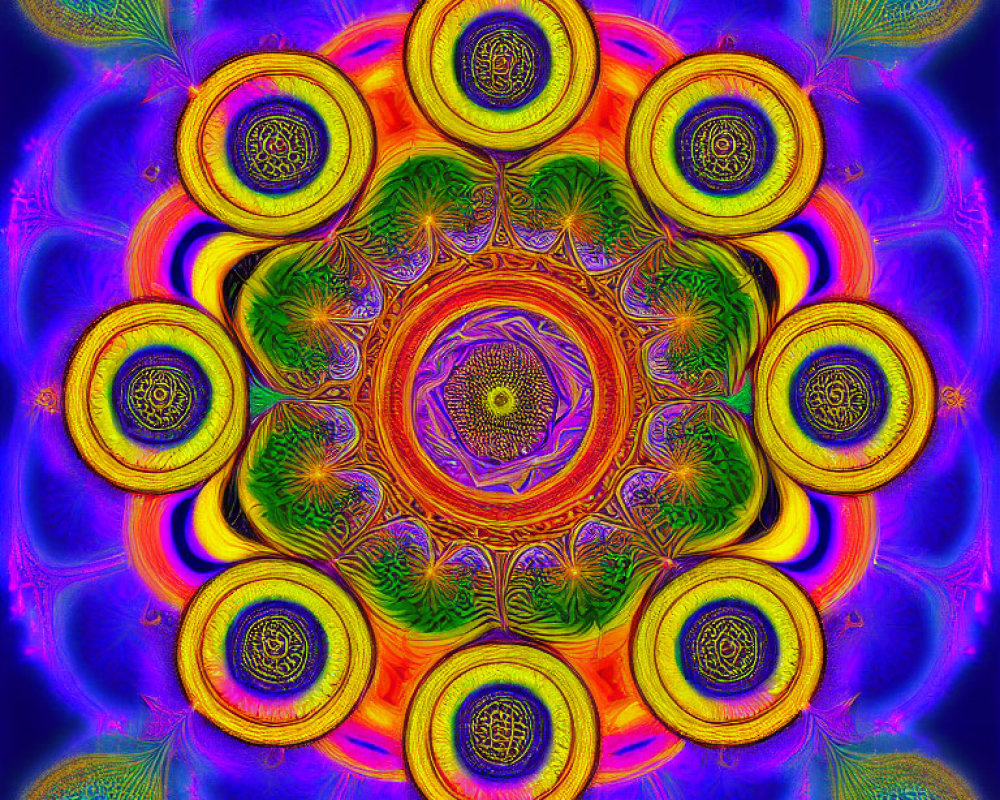 Colorful Symmetrical Kaleidoscopic Patterns in Blue, Yellow, and Orange