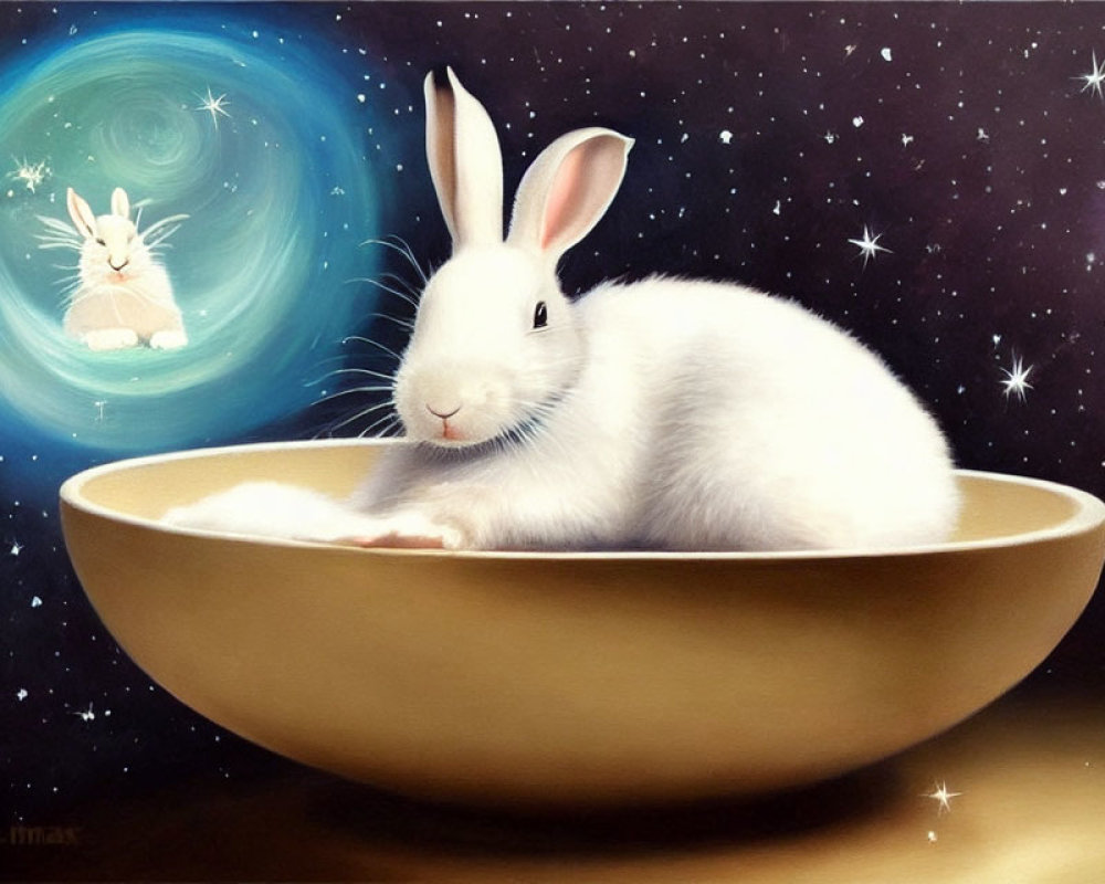 White rabbit in golden bowl with cosmic backdrop and smaller rabbit silhouette.