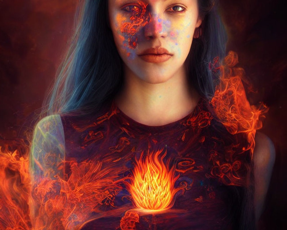 Woman in Vibrant Fire Designs Surrounded by Flames