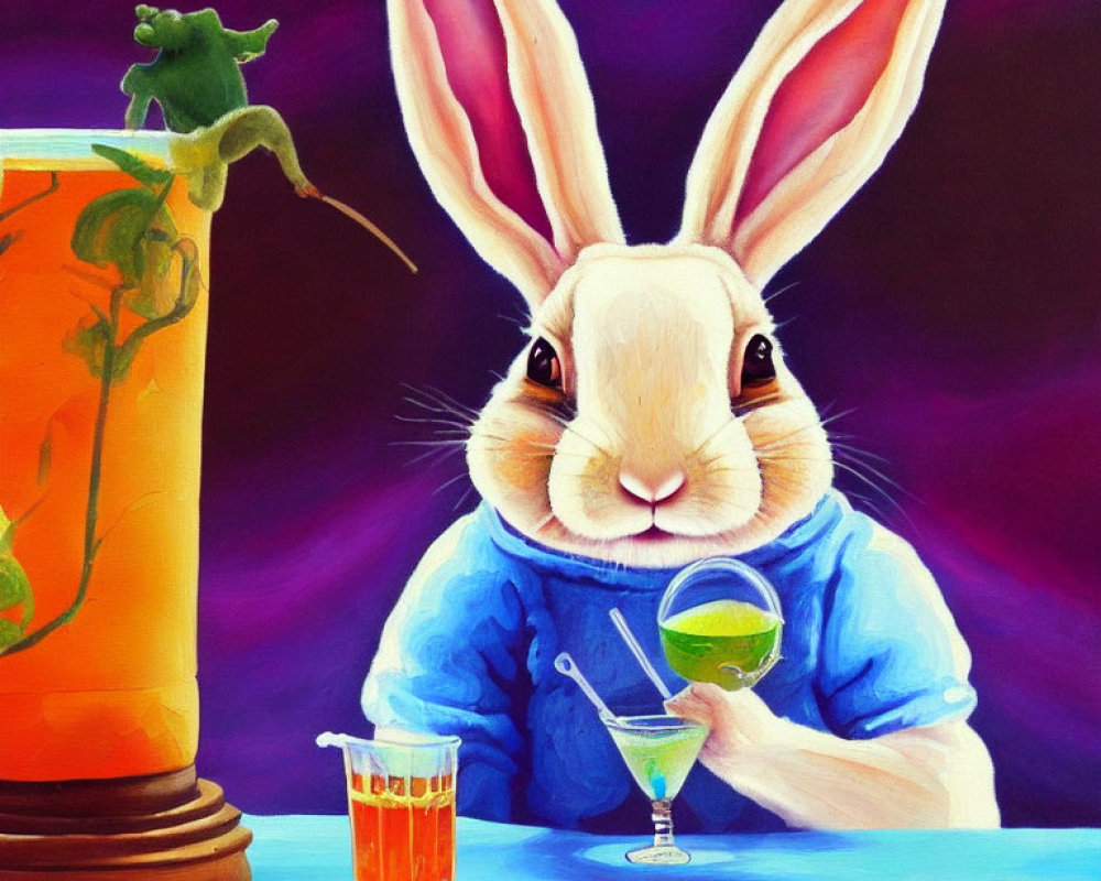 Whimsical painting featuring large rabbit and green frog with martini glass and juice.