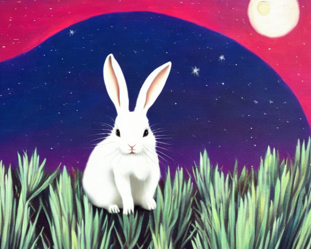 White Rabbit in Green Grass Under Night Sky with Full Moon