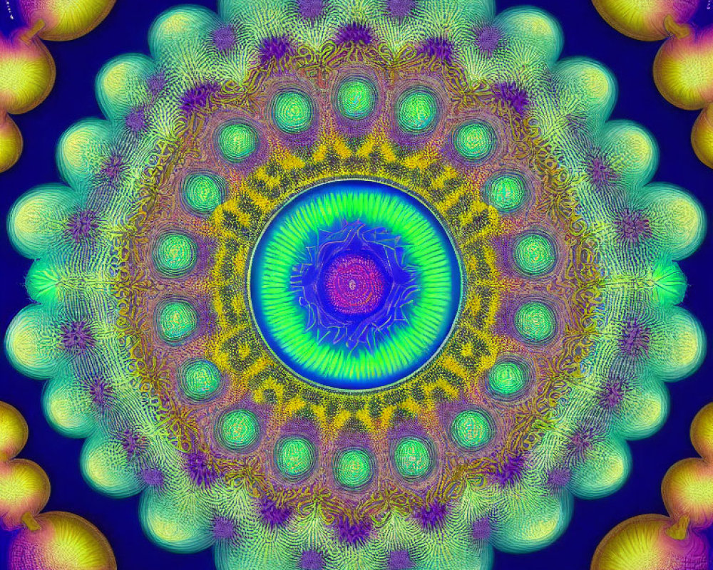 Colorful fractal image with intricate patterns in blue, yellow, and purple, central eye design and