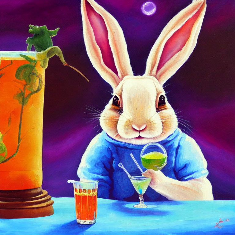 Whimsical painting featuring large rabbit and green frog with martini glass and juice.