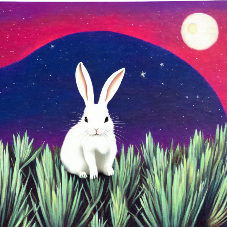 White Rabbit in Green Grass Under Night Sky with Full Moon
