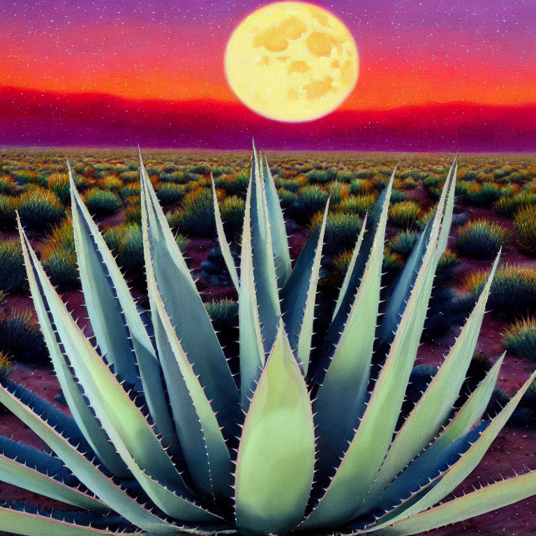 Detailed desert scene painting with full moon, agave plants, and fiery sunset.