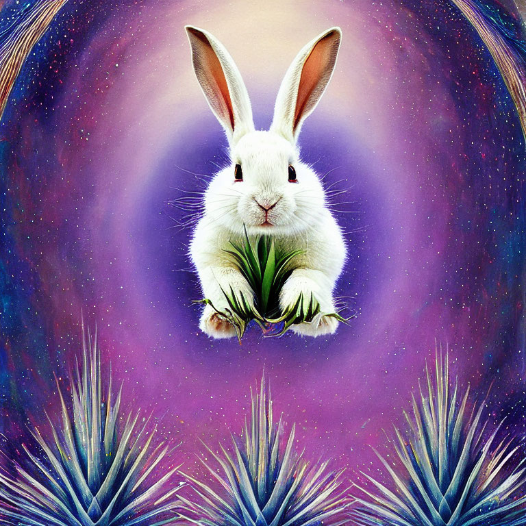 Whimsical white rabbit with greenery on cosmic purple backdrop