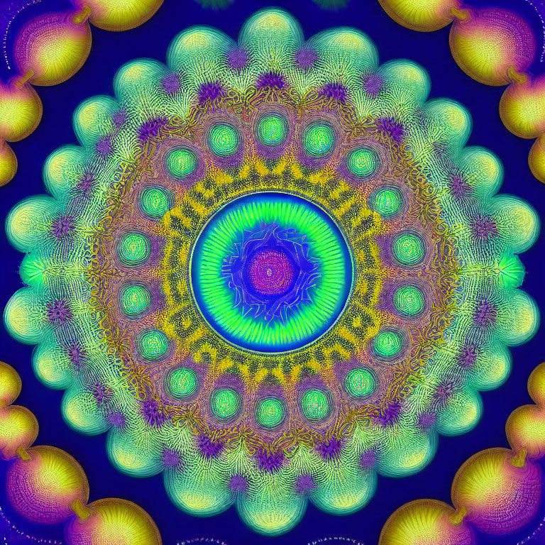 Colorful fractal image with intricate patterns in blue, yellow, and purple, central eye design and