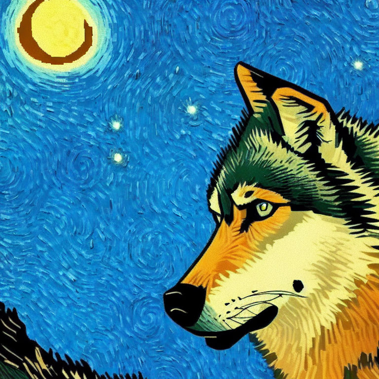 Stylized wolf art with Van Gogh's "Starry Night" inspired backdrop