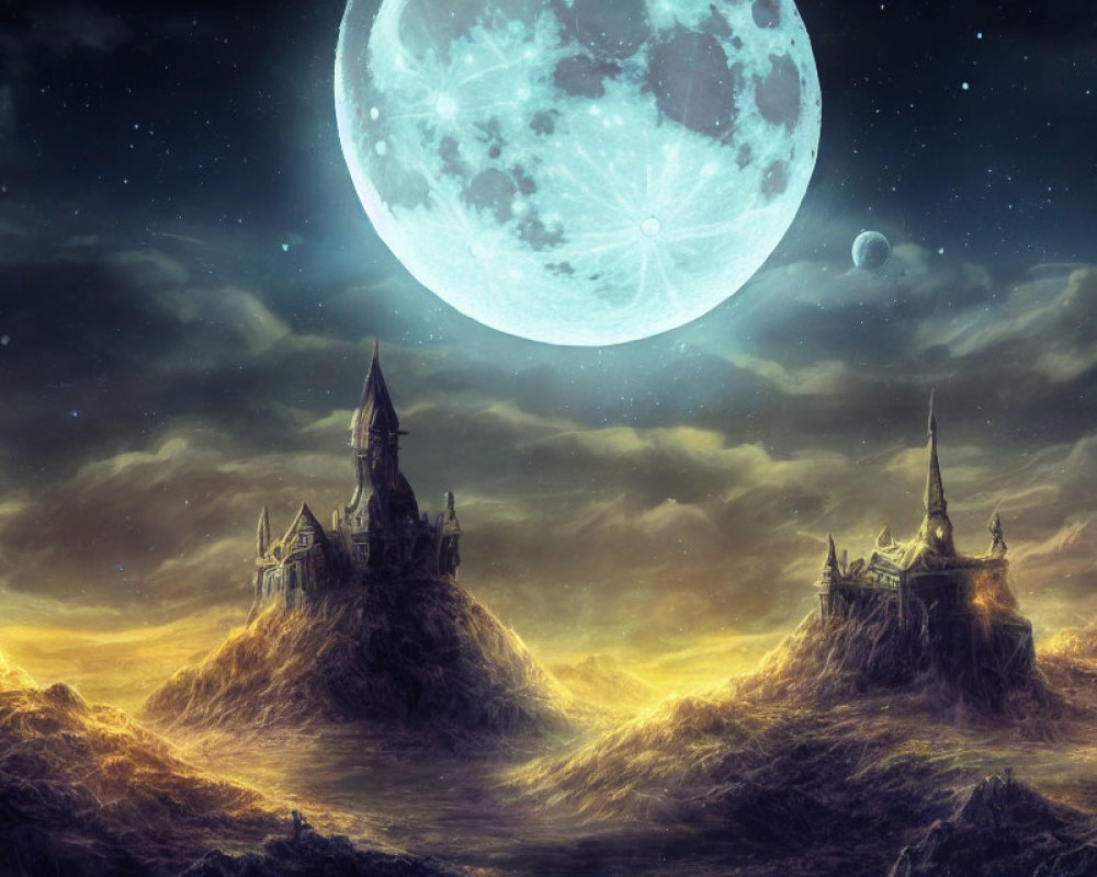 Fantasy landscape with towering spires and rocky peaks under a large moon
