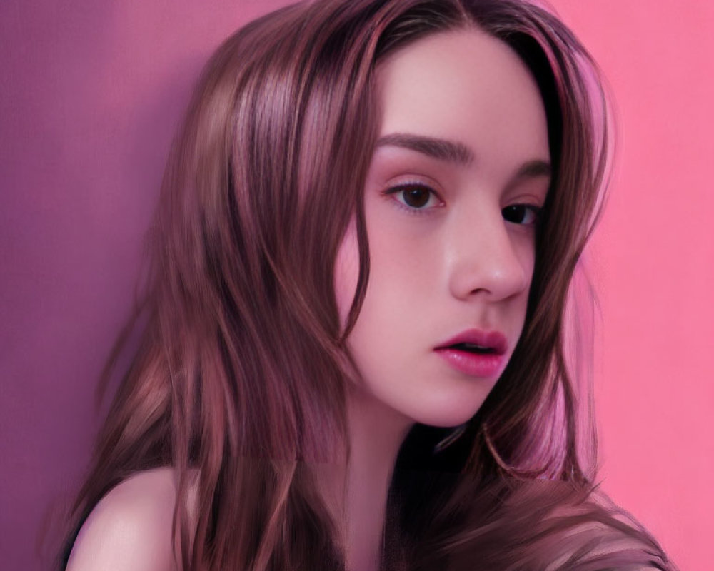 Detailed Digital Artwork: Young Woman with Brown Hair on Pink Background