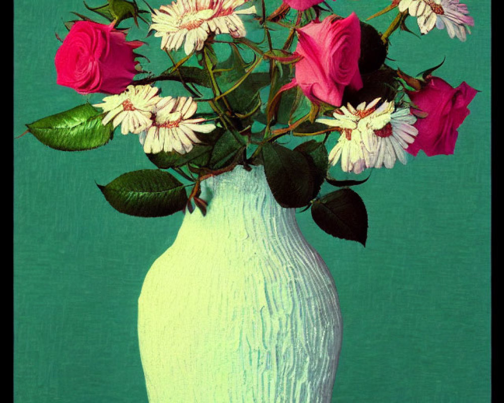 Textured white vase with pink roses and white daisies on teal background