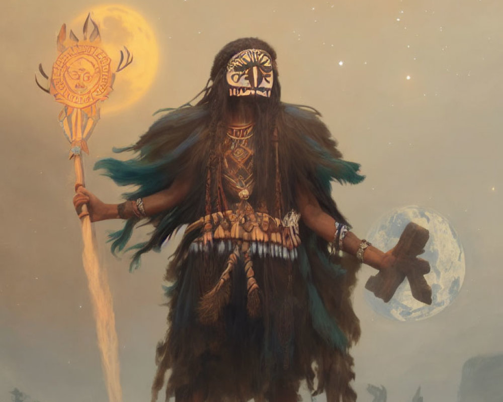 Mystical shaman with mask and staff in sun and moon backdrop