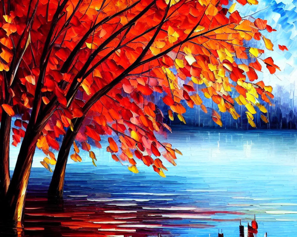 Autumn Trees with Red-Orange Leaves Reflecting on Blue Lake
