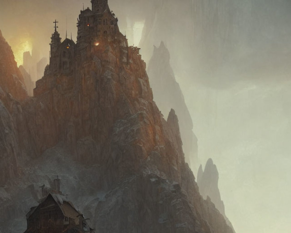 Misty mountain with castle-like structure overlooking settlement