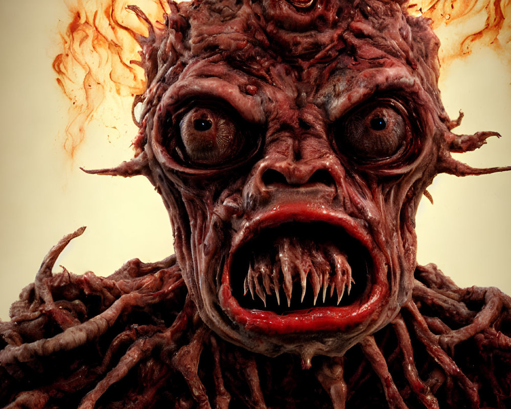 Grotesque monster mask with bulging eyes, snarling mouth, fiery hair, and tendr