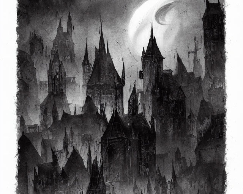 Monochromatic gothic cityscape with flying dragon and towering spires