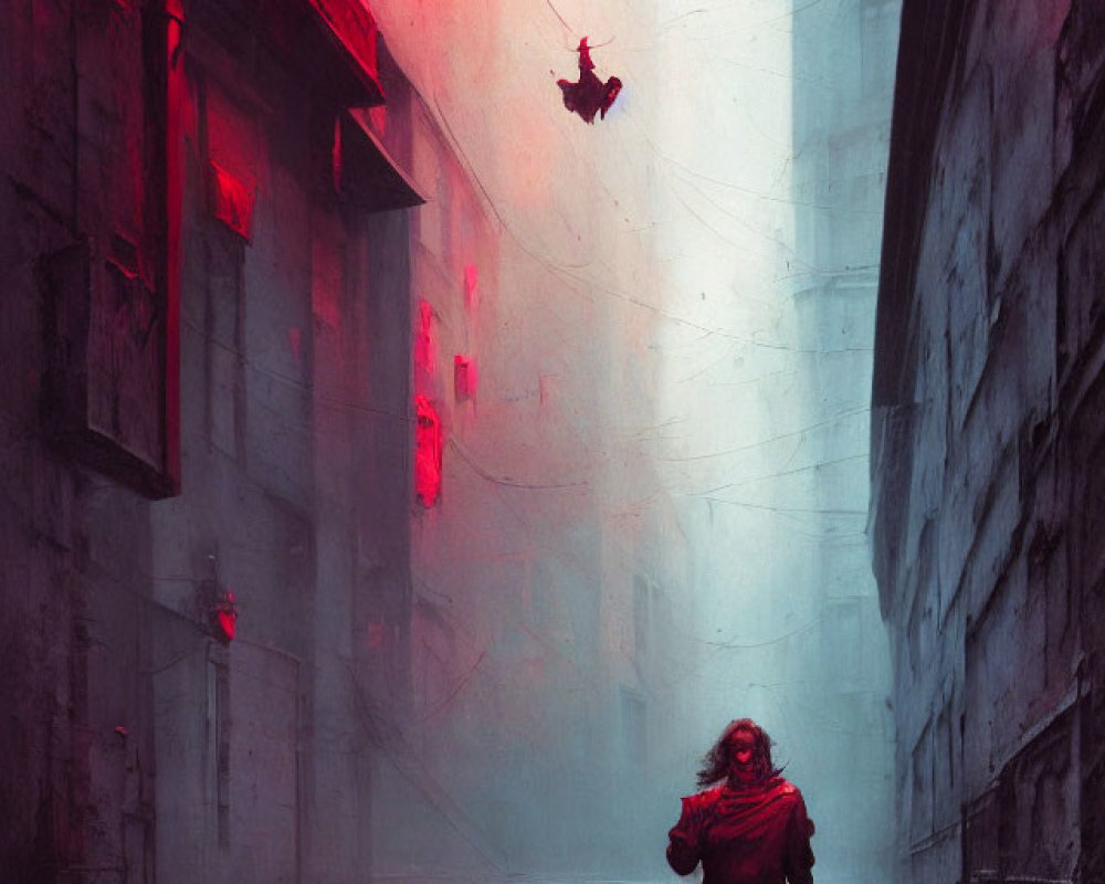 Person in red cloak walks through moody, neon-lit alley with towering buildings and ominous silhouette.