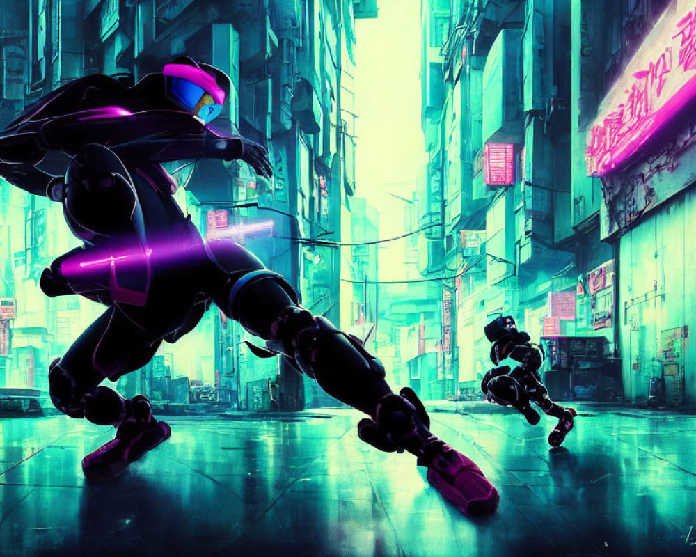 Futuristic cyberpunk scene with glowing figure in trench coat sprinting in neon-lit alleyway