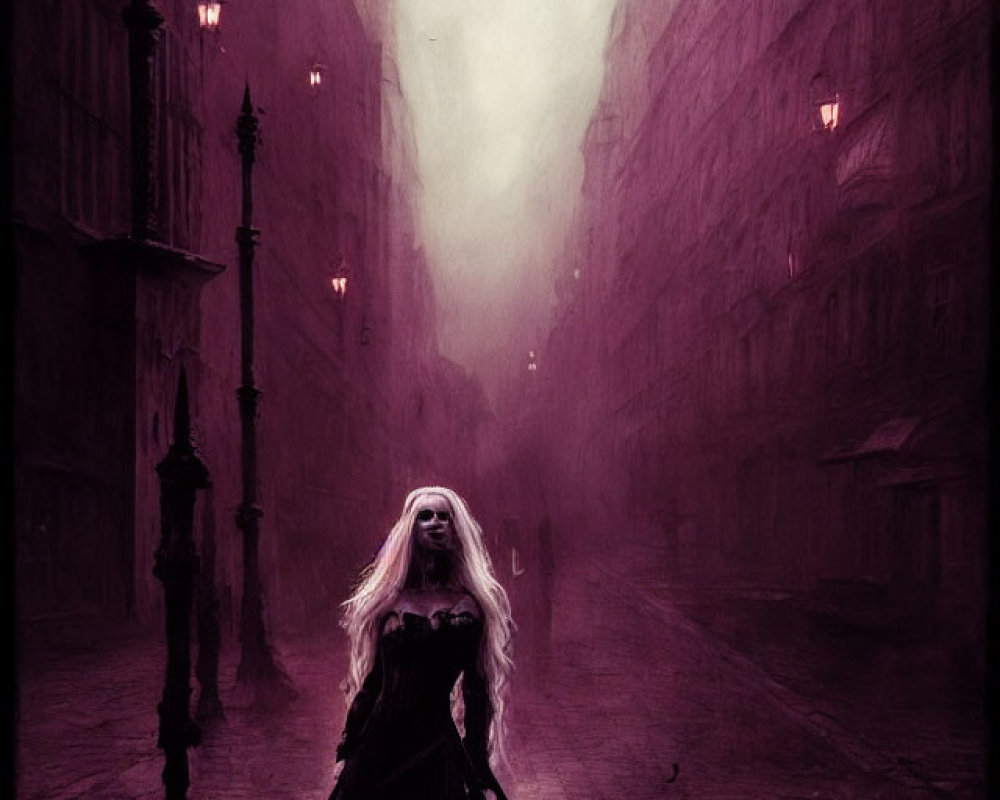 Mysterious Figure with Long White Hair in Gothic Street