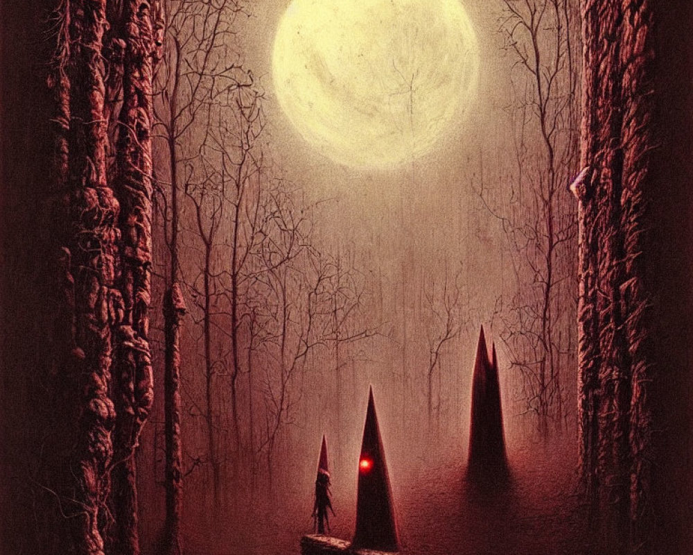 Hooded Figures and Conical Structures Under Yellow Moon
