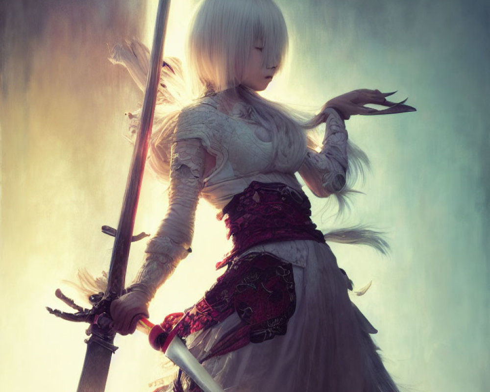 Fantasy character with white hair holding large sword in dramatic pose