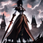 Gothic female figure with sword in misty castle backdrop