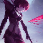 Anime-style female warrior in dark armor with elfin ears and bloodstained spear on crimson-spl