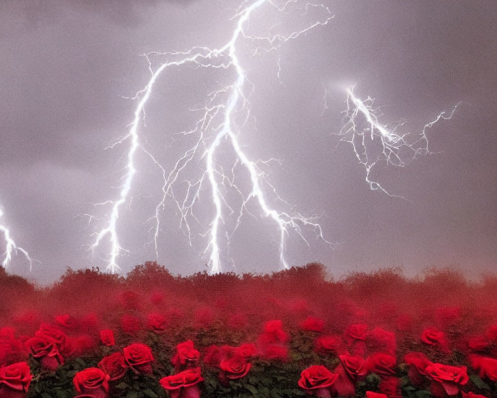 Dramatic scene: red roses under stormy sky with lightning