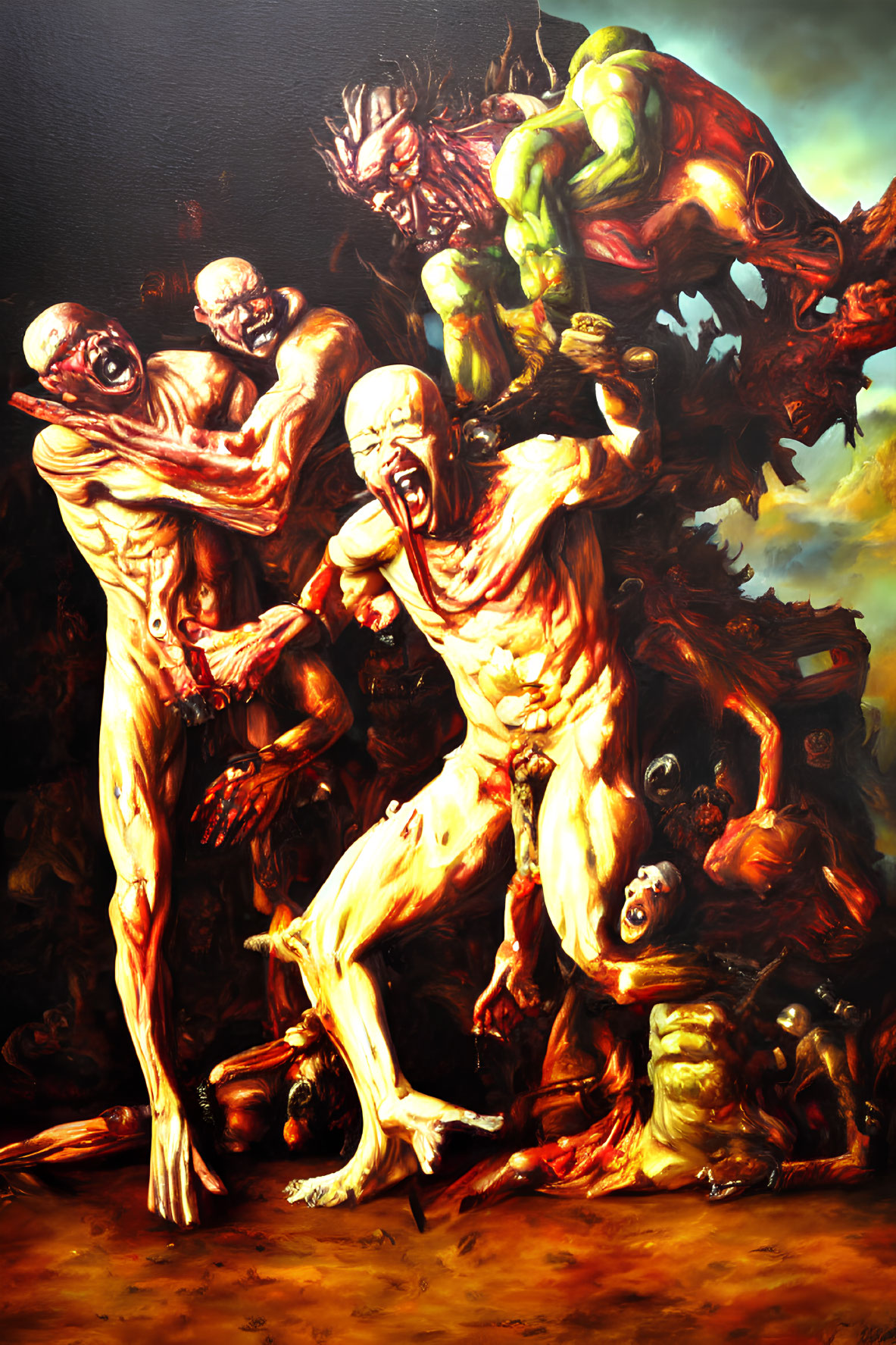 Grotesque Muscular Figures in Agony Against Dark Hellish Backdrop