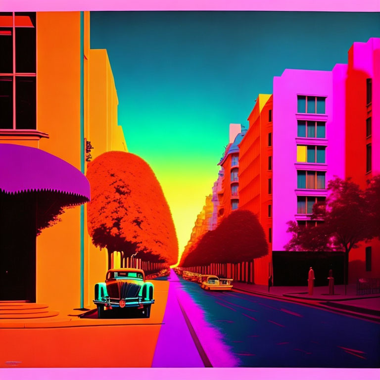 Colorful digital artwork of a sunset street scene with trees, buildings, and classic car.
