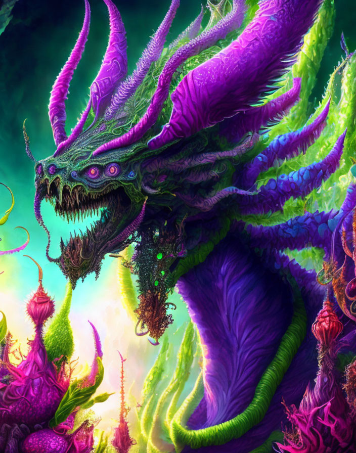 Fantasy illustration: Purple and green dragon with multiple eyes and sharp fangs in alien flora