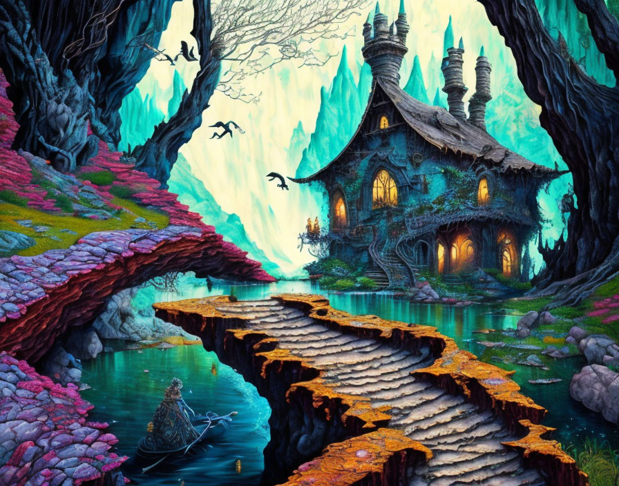 Fantasy landscape with glowing house, spires, colorful forest, river, boat, and birds