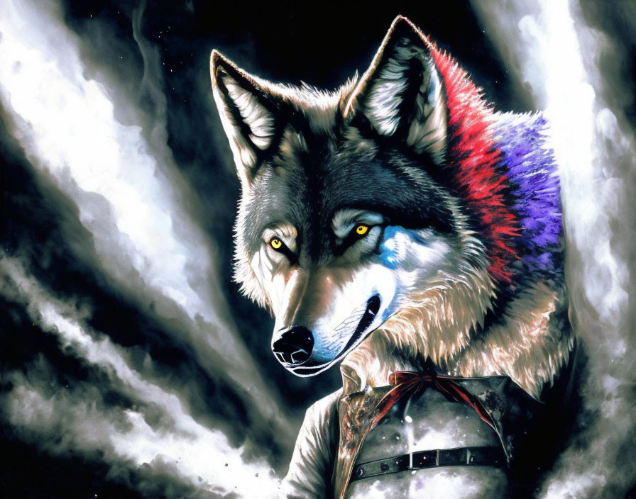 Multicolored wolf with yellow eyes on starry night background