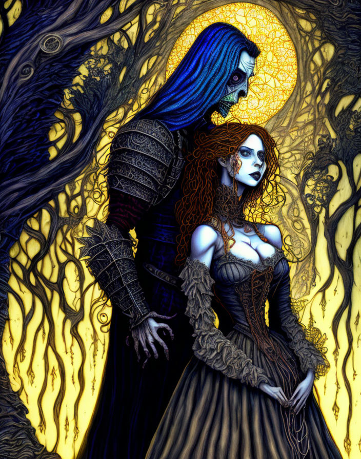 Gothic-style illustration: Pale woman, red hair, dark dress, blue-skinned figure,