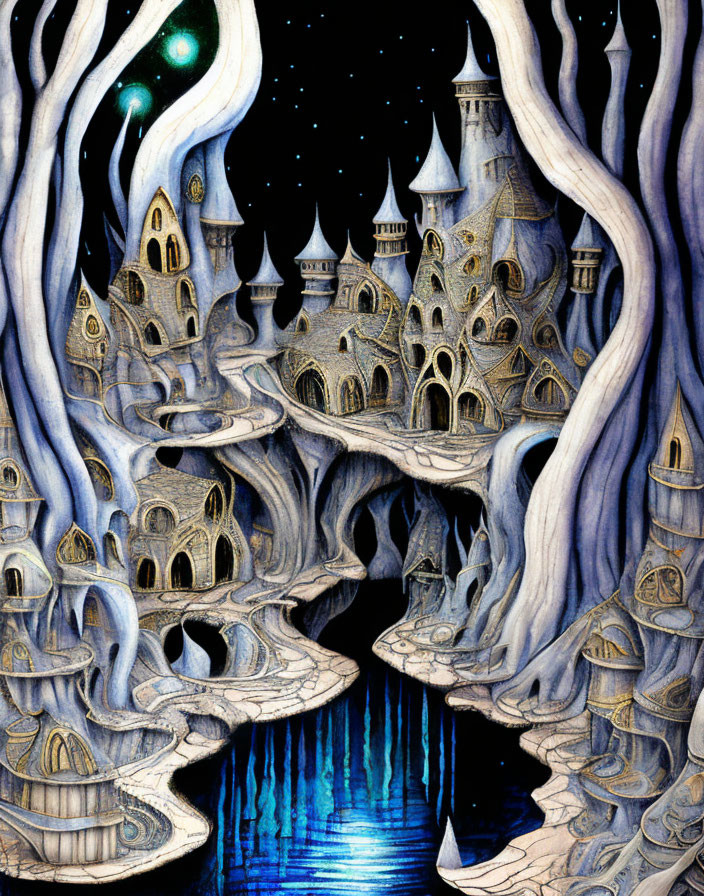 Whimsical nighttime castle scene with ancient tree under starry sky