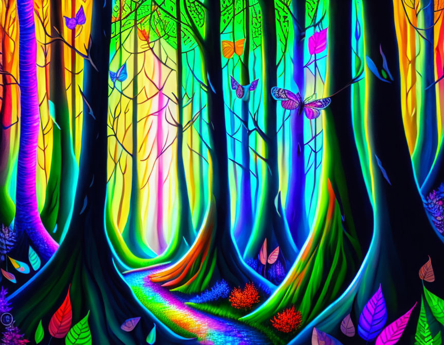Colorful Forest with Whimsical Trees and Fluttering Butterflies