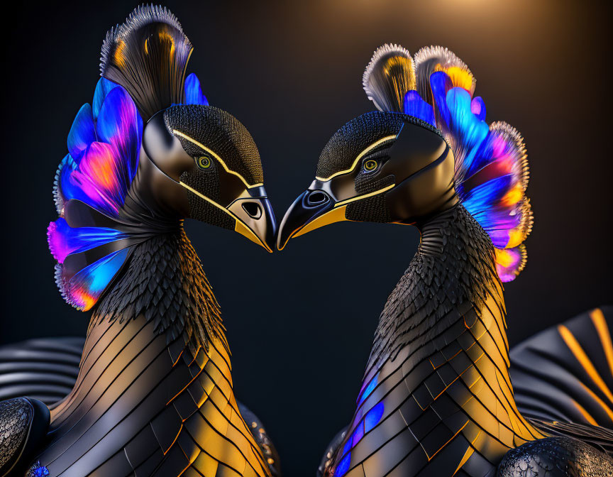 Stylized metallic peacocks with vibrant blue and purple plumage on dark background