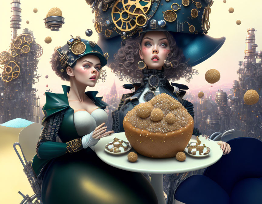 Two women in steampunk attire with golden fruit and floating gears.