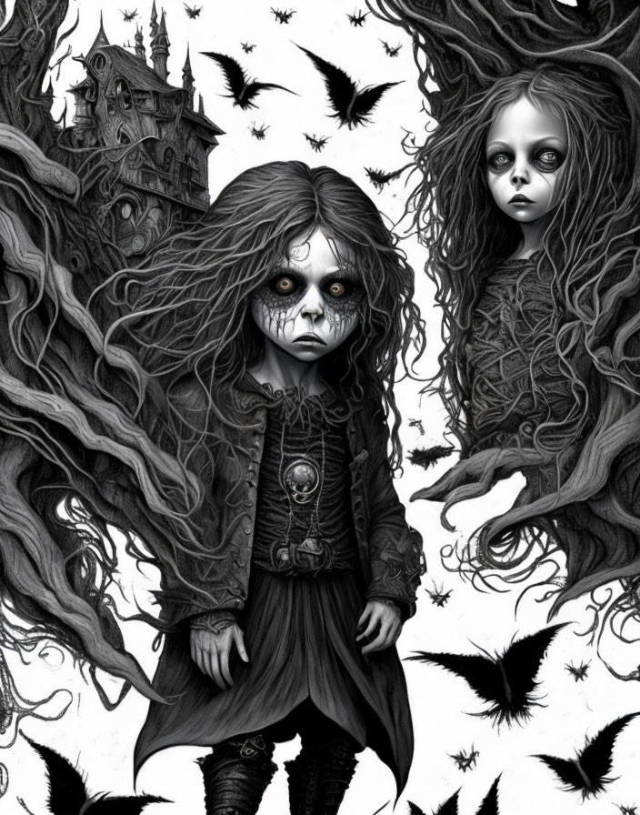 Gothic black and white illustration of children, bats, and sinister castle