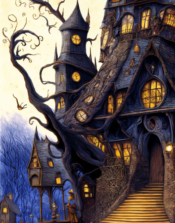 Gothic-style mansion at dusk with eerie details